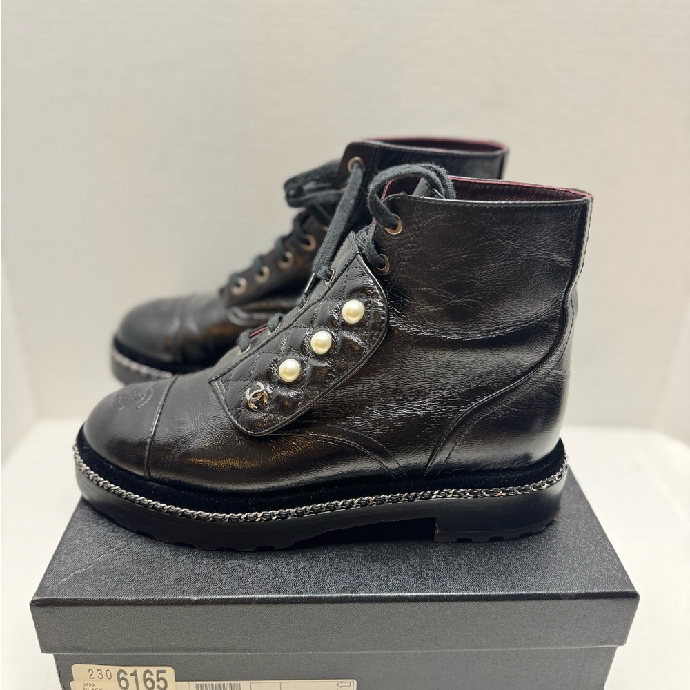 CHANEL Black Leather Boots with Pearl Accents